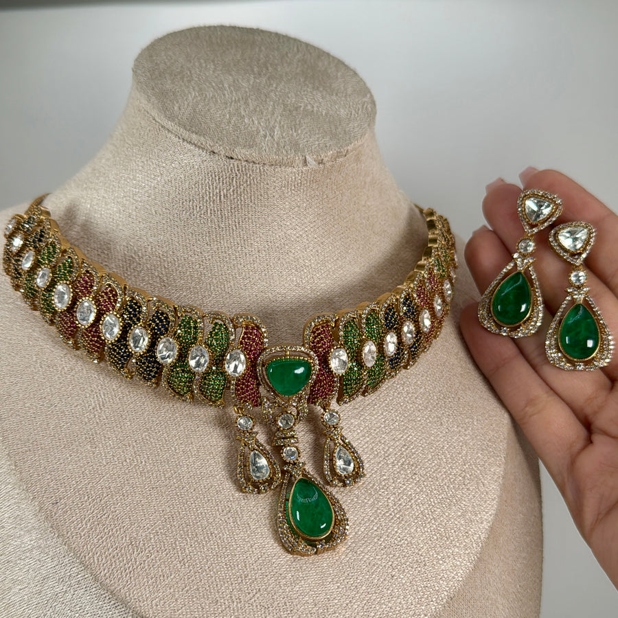 Green Multi Nano Settings Choker Necklace Set