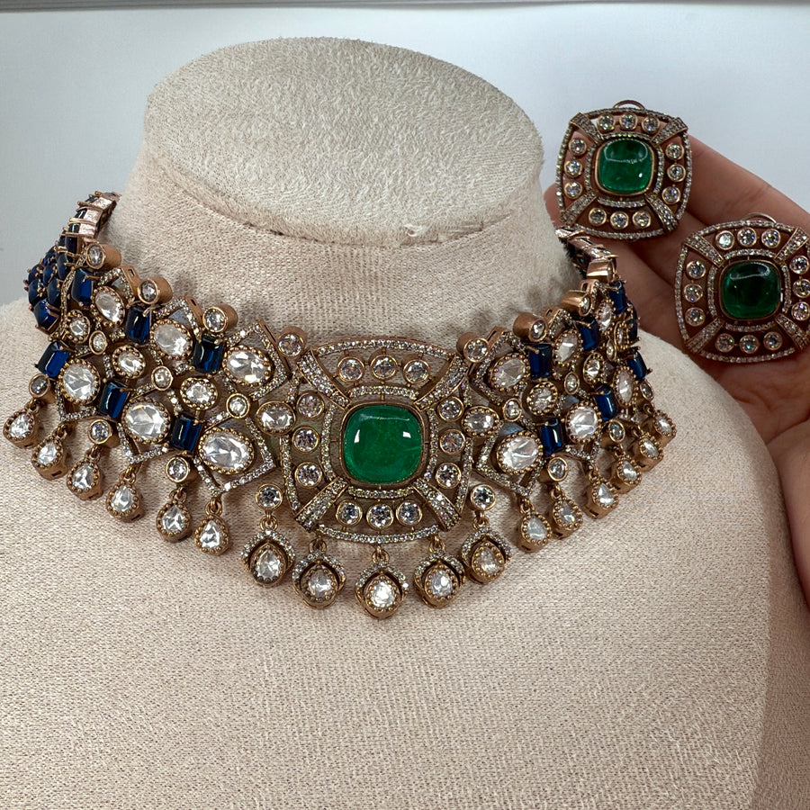 Green Doublet & Blue Invisible Setting Moissanite Choker Necklace Set