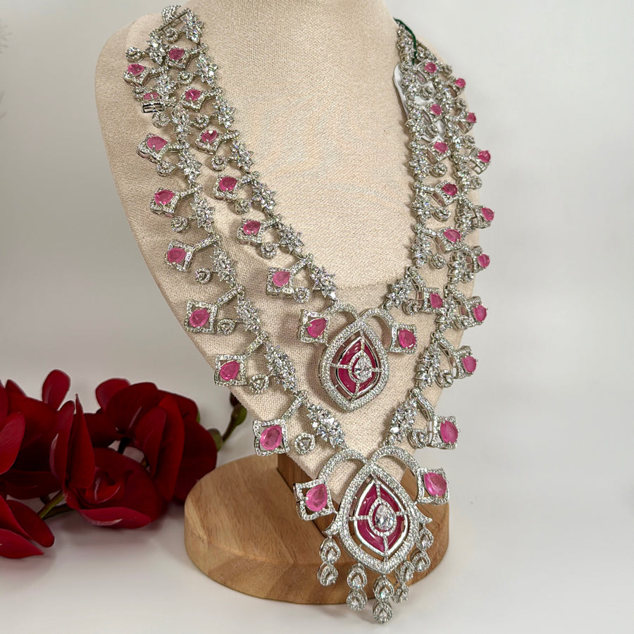Hot Pink Doublet & Cubic Zirconia Two Layer Statement Necklace Set