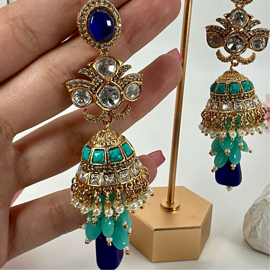 Turquoise & Blue Moissanite Jhumka Earrings