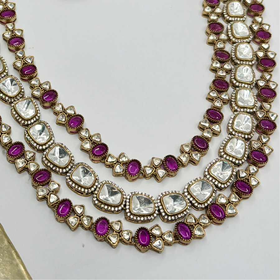 Ruby Doublet & Moissanite Kundan Three Layers Necklace Set