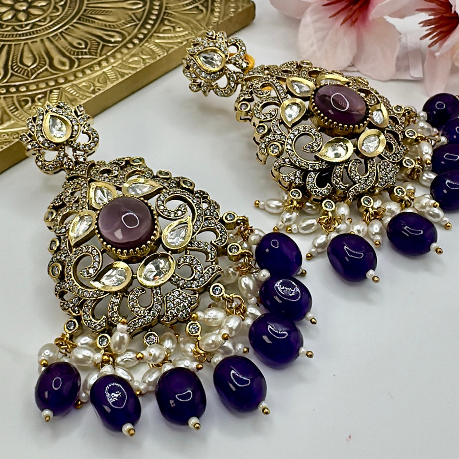 Purple Moissanite Kundan Statement Earrings