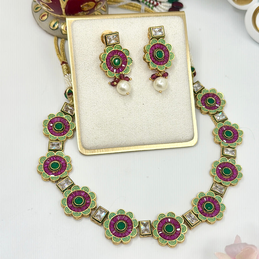 Ruby & Green Revers AD Kundan Necklace Set