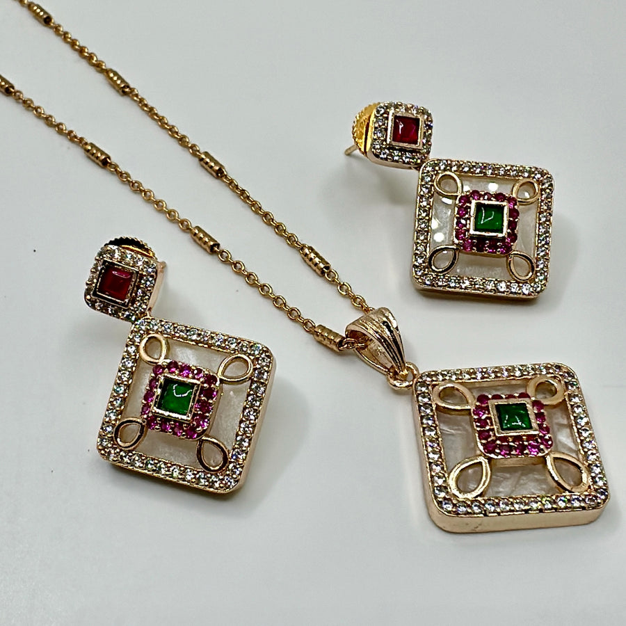 Ruby & Green MOP & American Diamonds Pendant Set