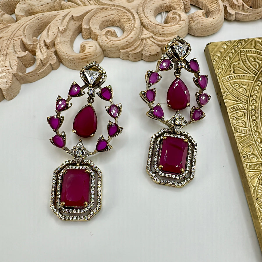 Ruby Hydro American Diamonds Chand Bali  Earrings