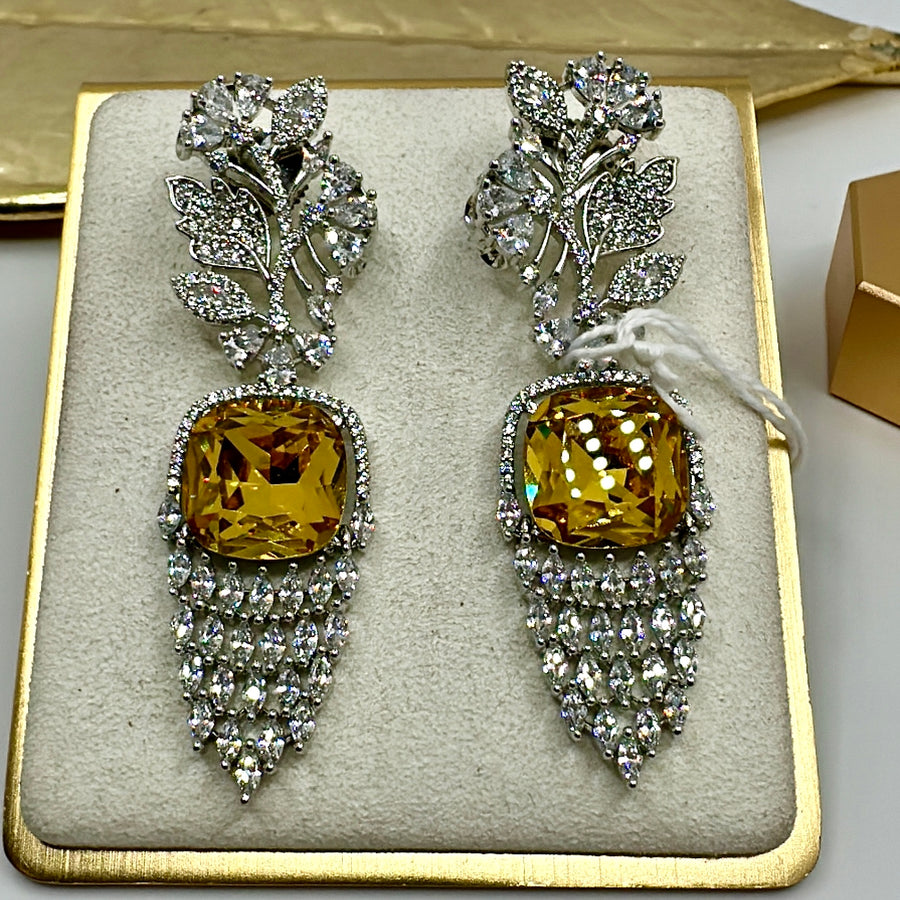 Yellow Russian Cut Hydro Stones & American Diamond Earrings