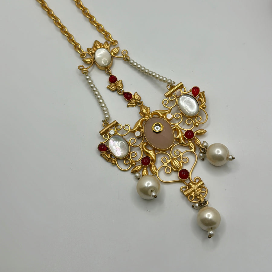 Pink Silver Lookalike Gold Carved Stone & Uncut Kundan Long Necklace Pendant