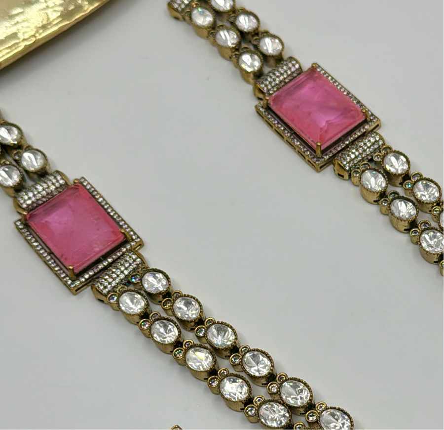 Pink Moissanite Doublet Long Necklace Set