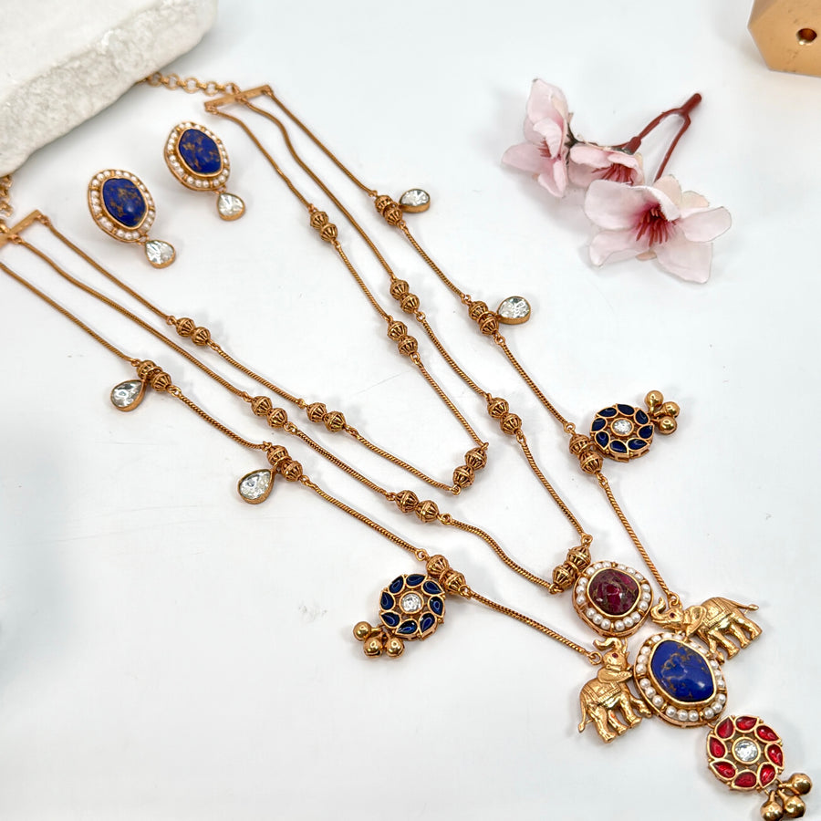 Blue Multi Apala Inspired Antique Gold Three Layer Long Necklace Set