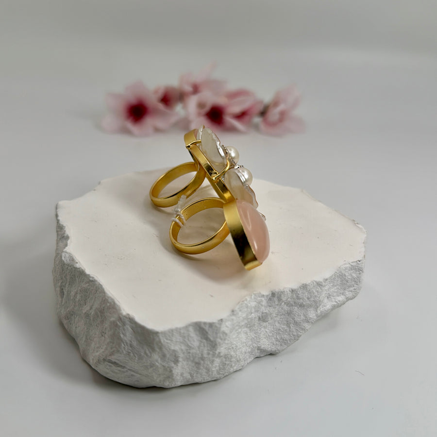 Pink MOP Flower Two Finger Adjustable Finger Ring