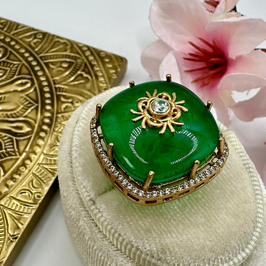 Green Doublet With kundan Inlay Work Adjustable Finger Ring