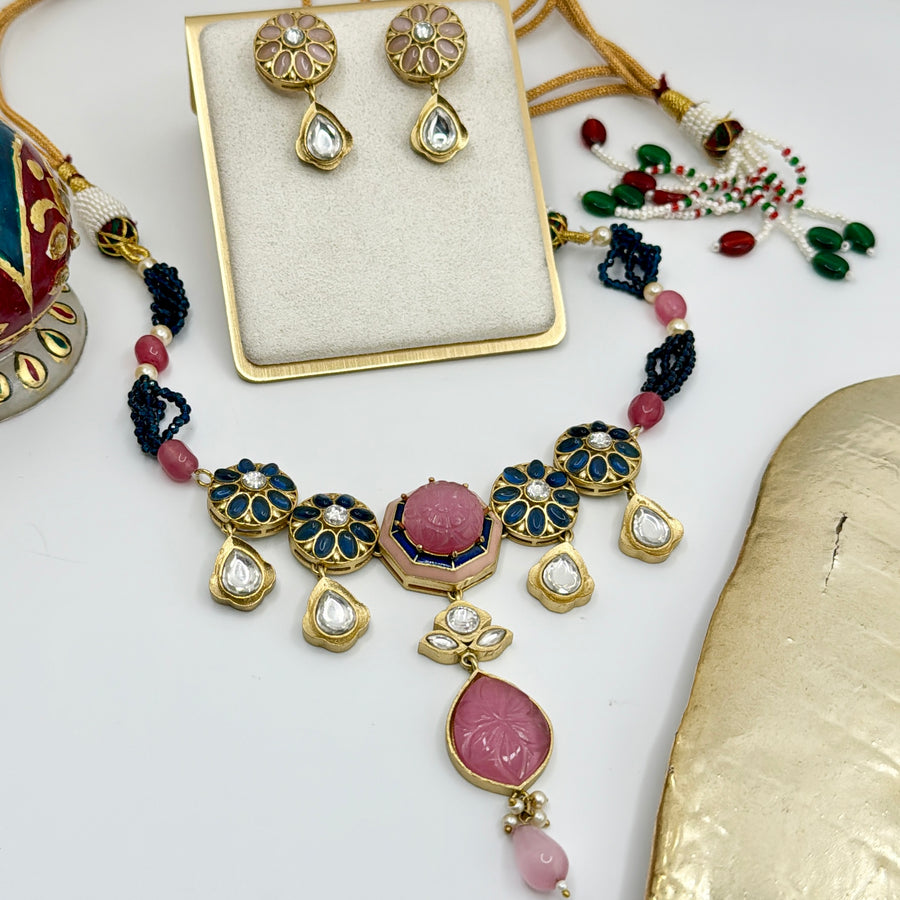 Pink & Blue Amrapali Kundan Choker Set