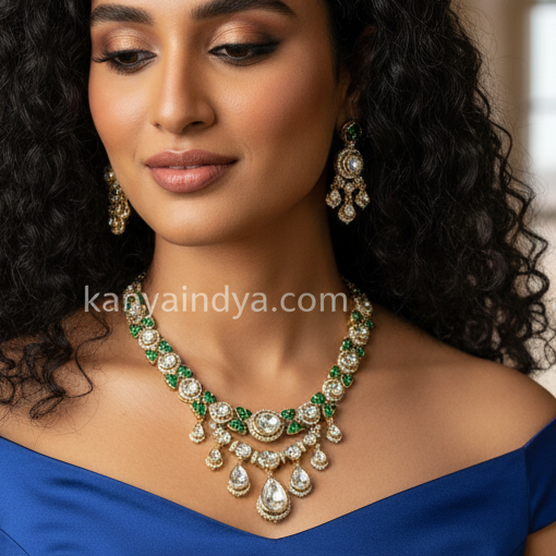 Green Jadau Polki Kundan DaintyNecklace Set