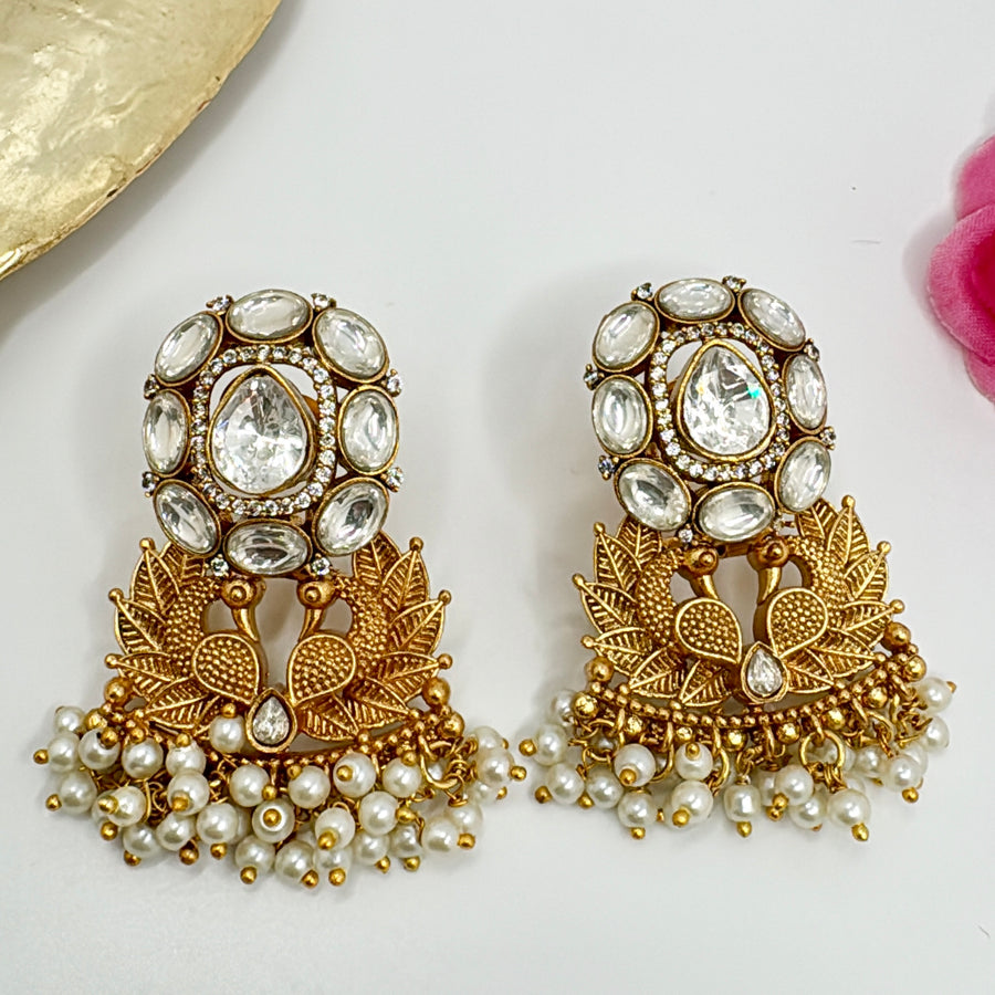 Clear Moissanite and Antique Gold Earrings