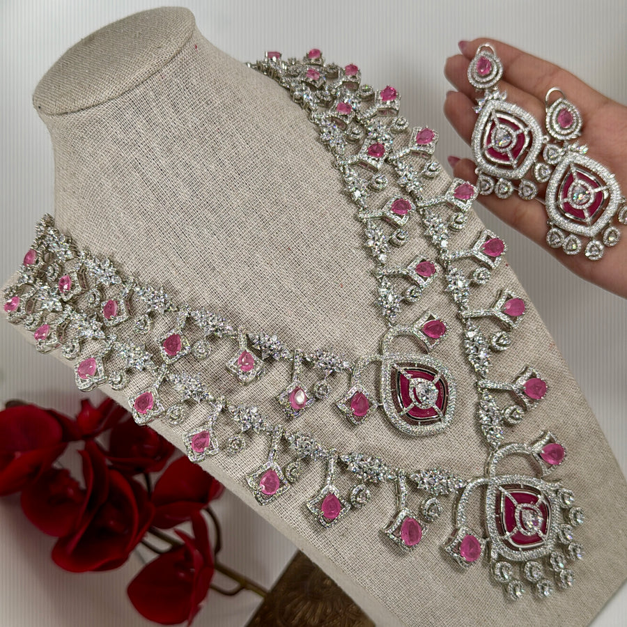 Hot Pink Doublet & Cubic Zirconia Two Layer Statement Necklace Set