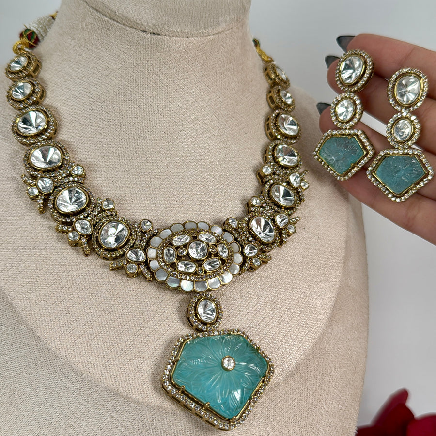 Turquoise Carved Doublet & Moissanite Necklace Set