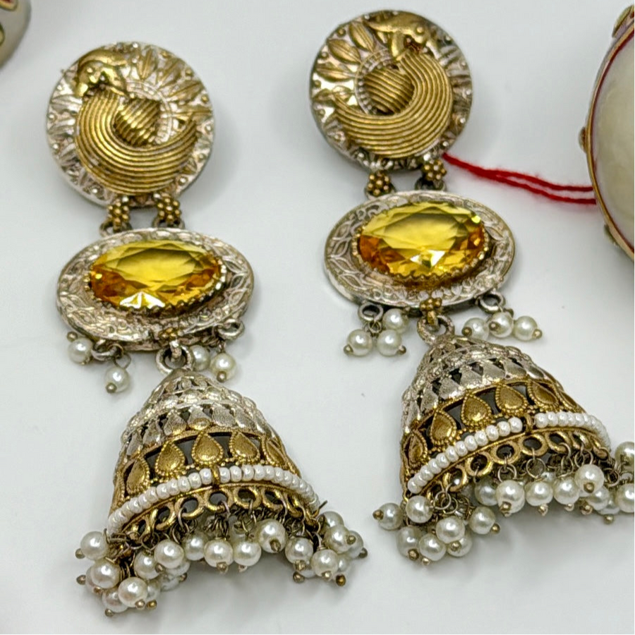 Yellow Swarovski Silver Lookalike Half Jhumka Earrings