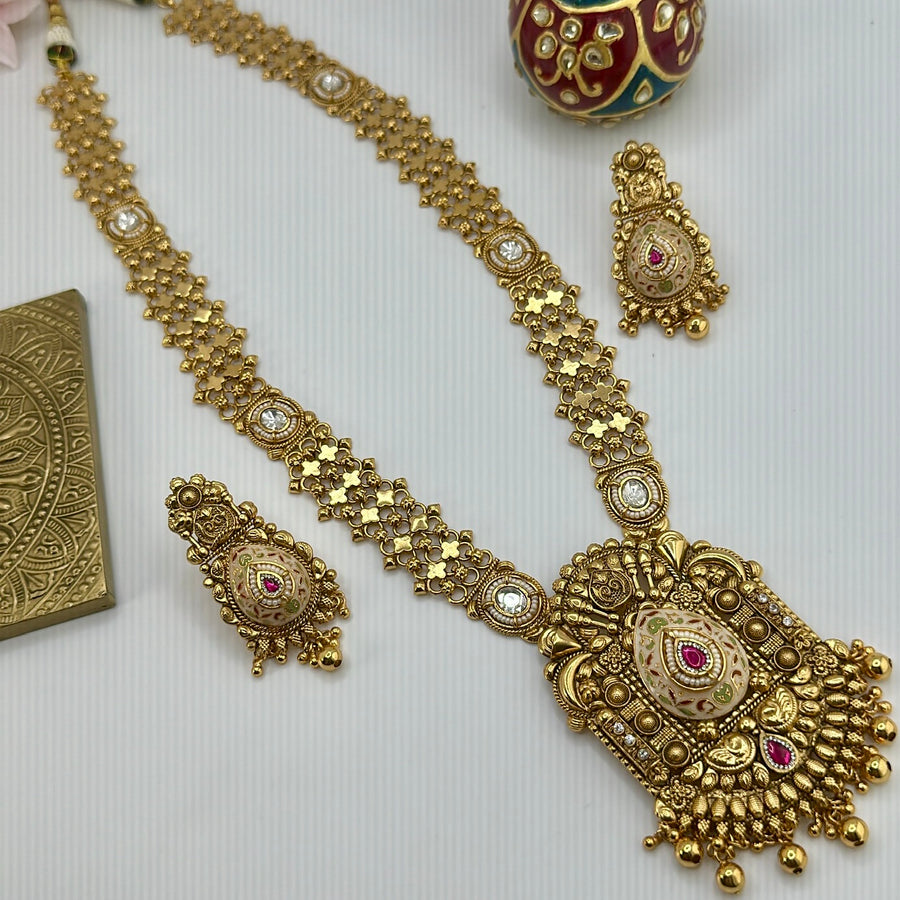 White Meenakari With Ruby Stones Antique Gold Long Necklace Set