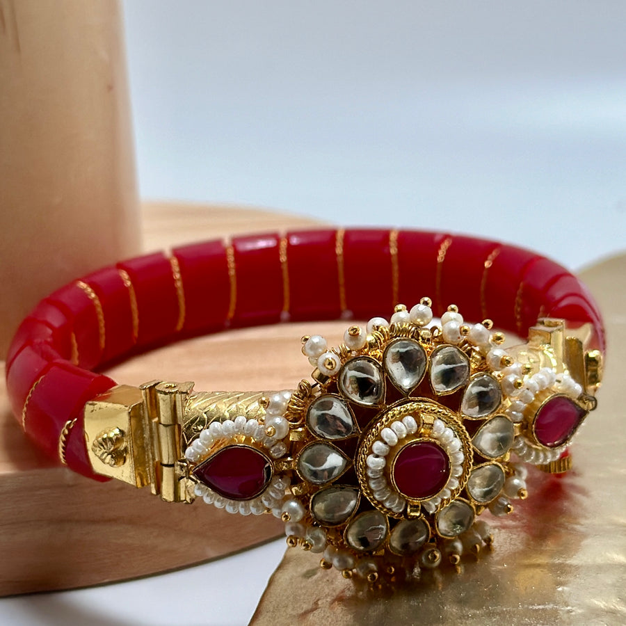 Red Openable Paachi Kundan Shaka Pola Bangle (Size 2.6)