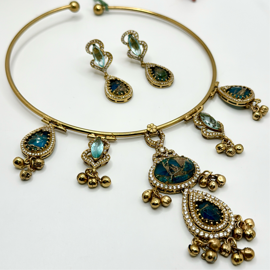 Blue Metallic Doublet Kundan Hasli Set