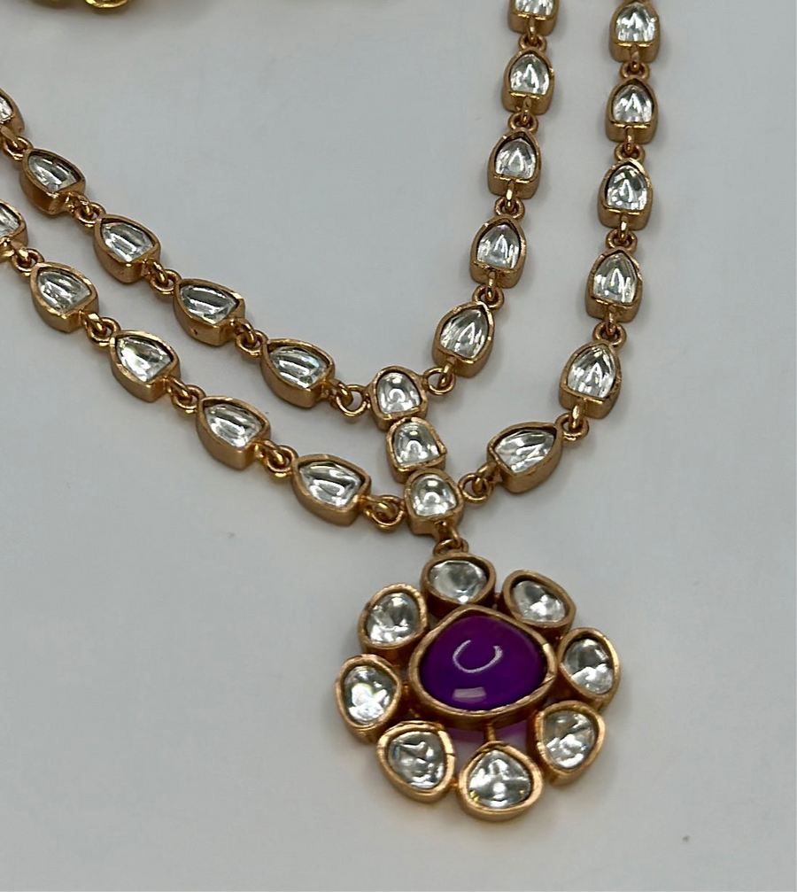 Purple Doublet & Moissanite Dainty Two Layer Necklace Set