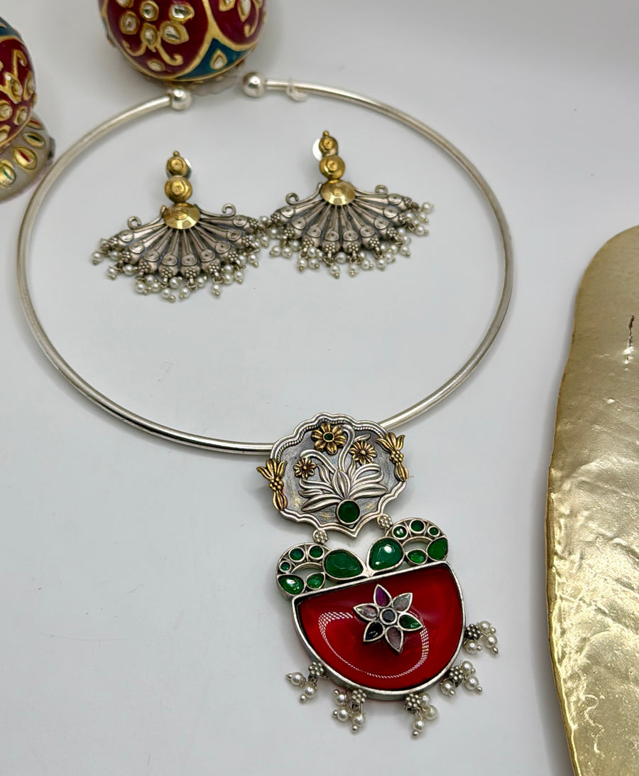 Red Glass Stone With Inlay Work Dual Tone Hasli Necklace Set