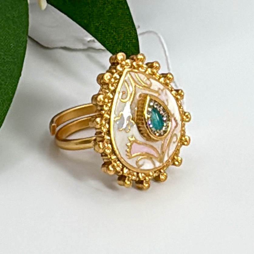 Turquoise Ivory Multi Meenakari Kundan Adjustable Finger Ring
