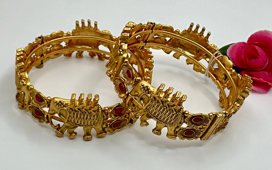 Ruby Antique Gold  Elephant Bangle Pair (Openable Size 2.8)