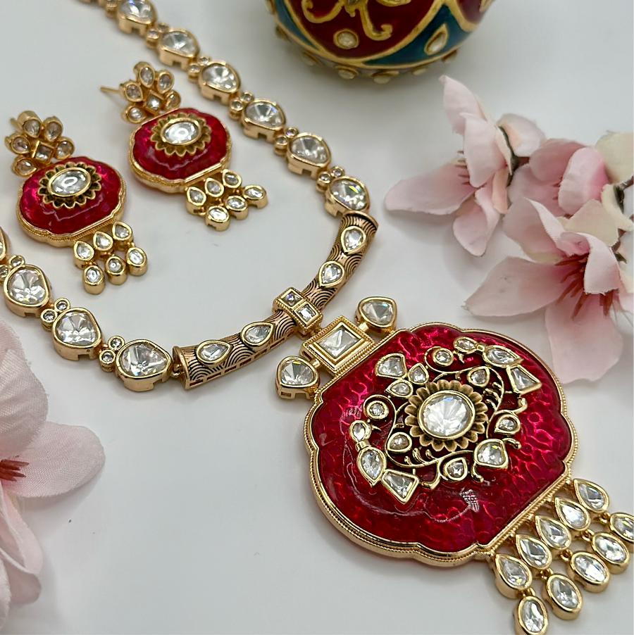 Hot Pink Crystal Stone With Inlay Work & Premium Kundan Necklace Set