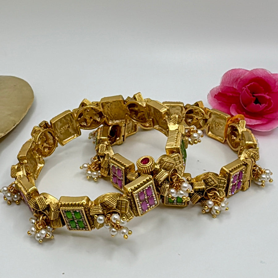 Pink & Green Stones Antique Gold Openable Bangles Bracelet Pair (Size 2.6)