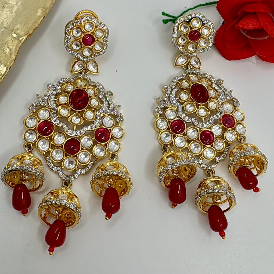 Ruby Red Kundan Statement Earrings with Triple Jhumka