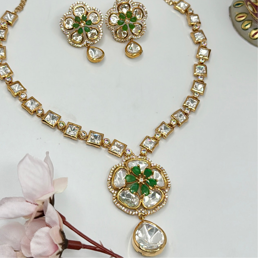 Green Dainty Kundan Moissanite Necklace Set