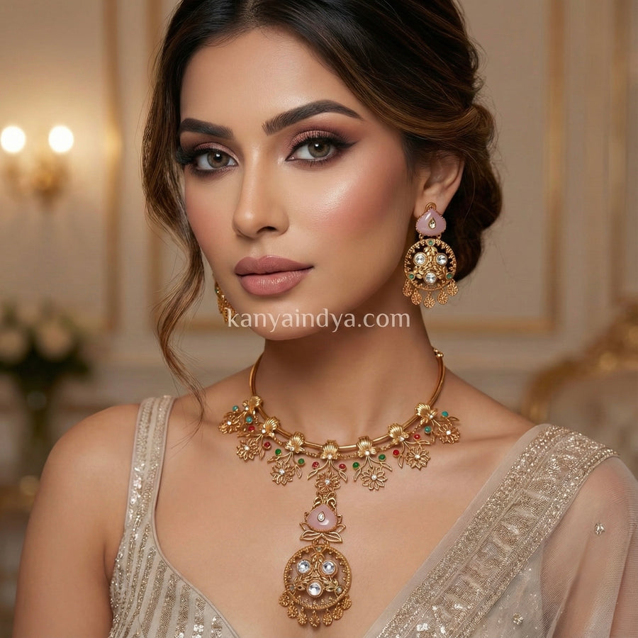 Pink Apala Inspired Moissanite Hasli Necklace Set