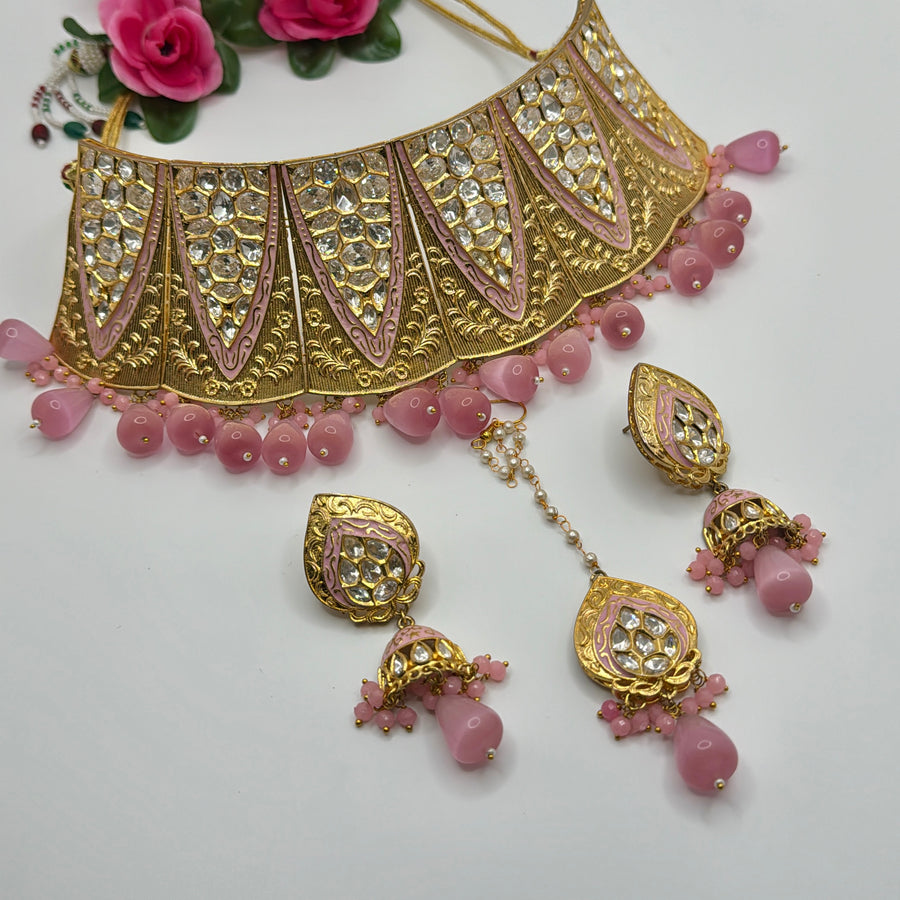 Pink Kundan Bridal Choker Set With Mang Tika