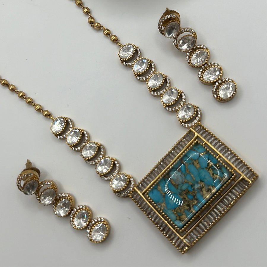 Turquoise Metallic Doublet & Moissanite Kundan Necklace Set