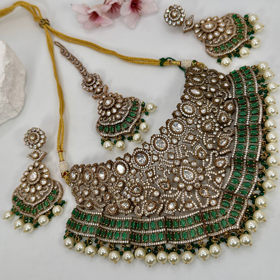 Green Moissanite Statement Bridal Necklace Set