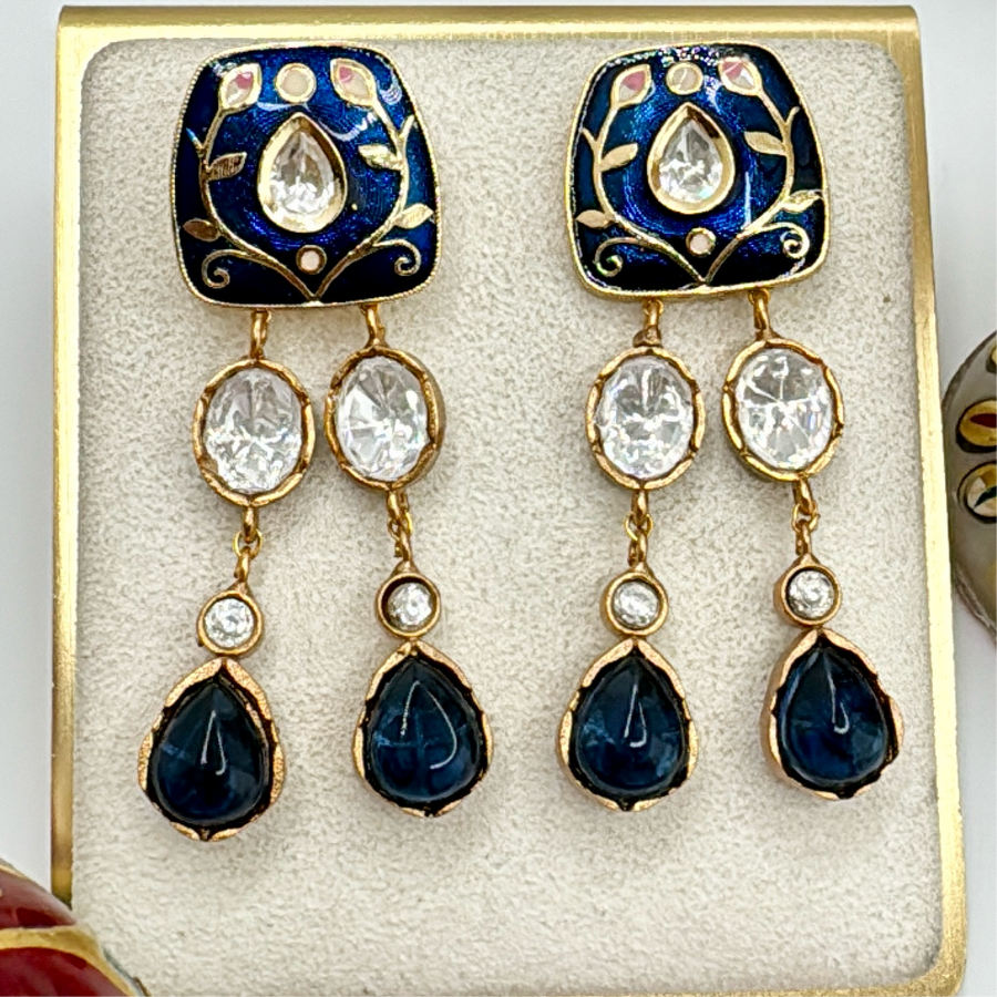 Blue Meenakari Moissanite Kundan Earrings