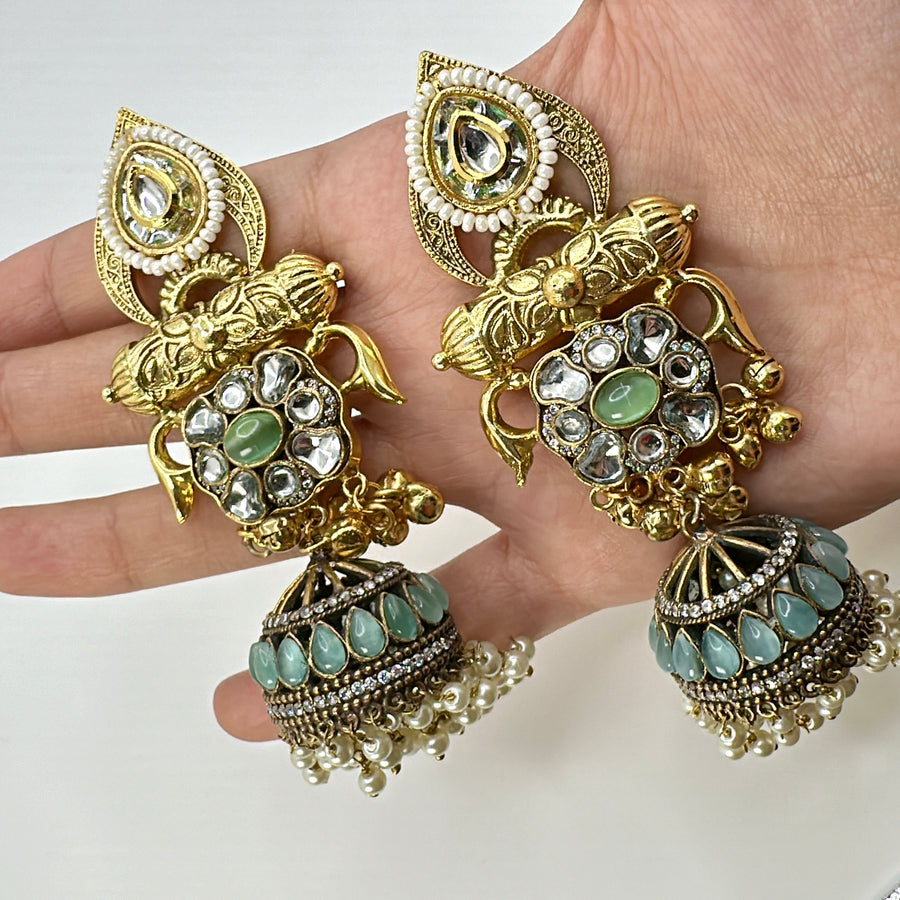 Mint Silver Lookalike Kundan & Gold Jhumka