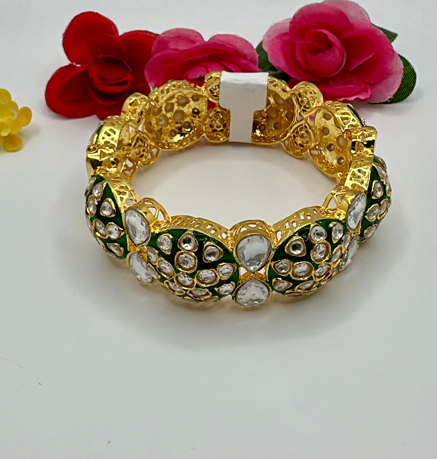 Green Meenakari Moissanite Statement Kundan Bangle ( Openable Size 2.6)