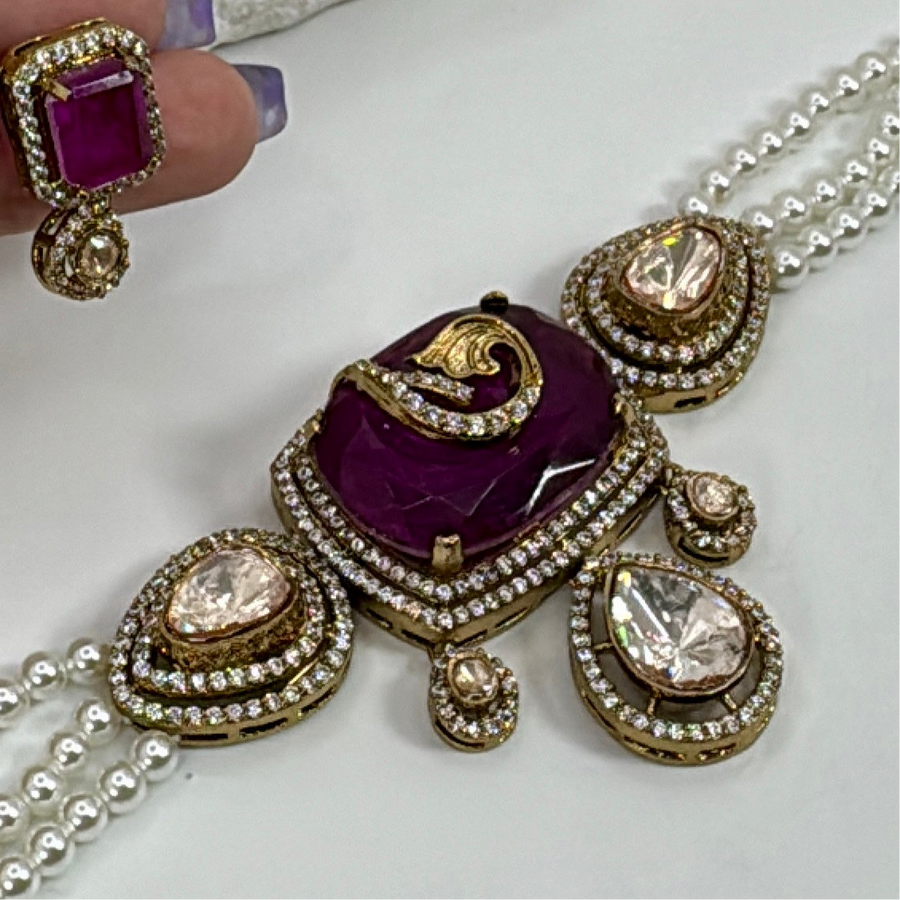 Purple Doublet & Fresh Water Pearls Choker Necklace Set