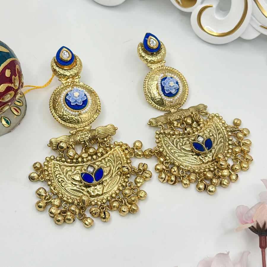 Blue Silver Lookalike Gold Ghungroo Statement Earrings