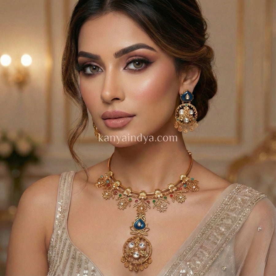 Blue Apala Inspired Moissanite Hasli Necklace Set