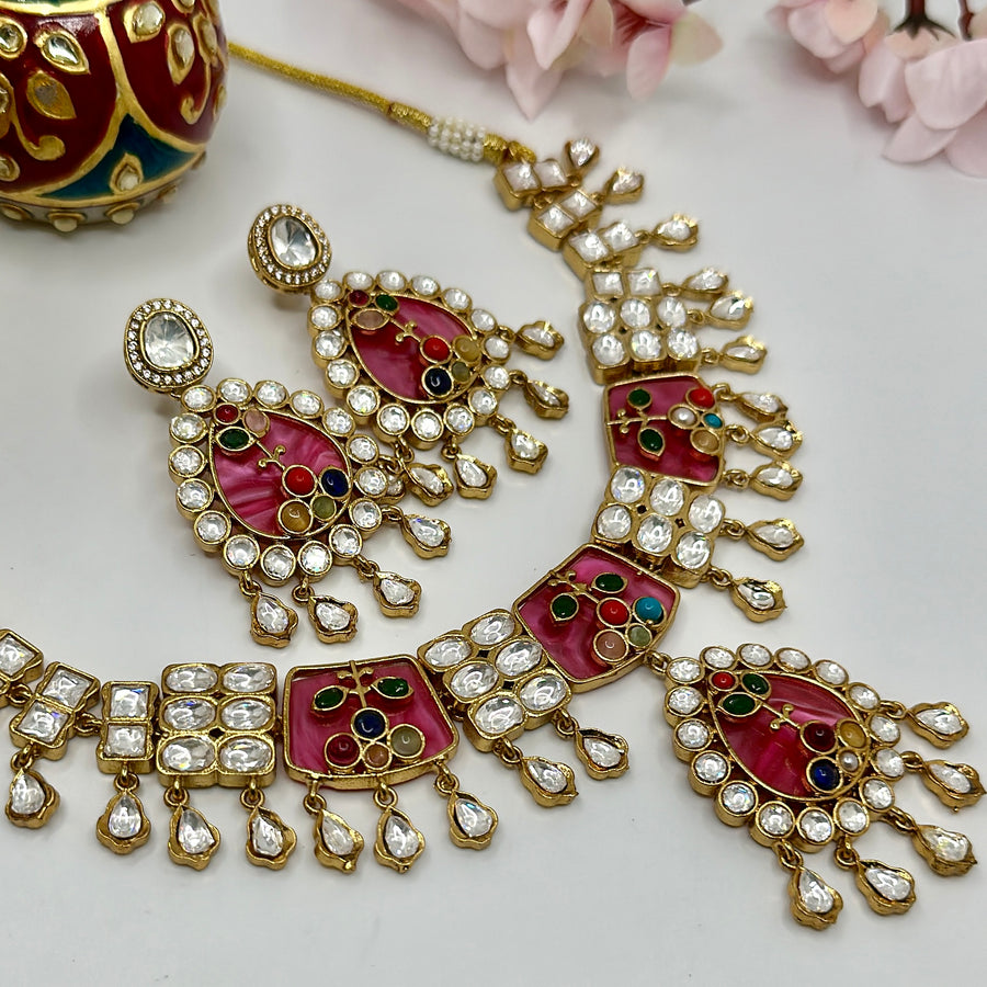 Hot Pink Kundan & Glass Stone With Inlay Work Necklace Set