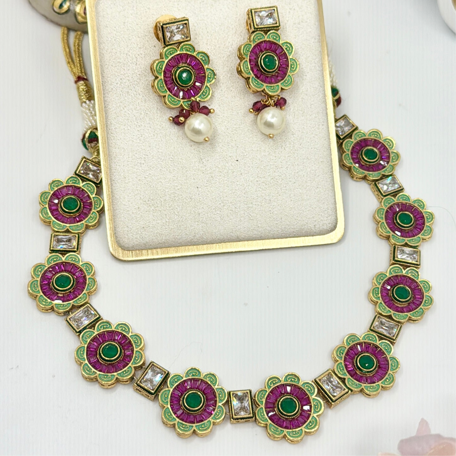 Ruby & Green Revers AD Kundan Necklace Set