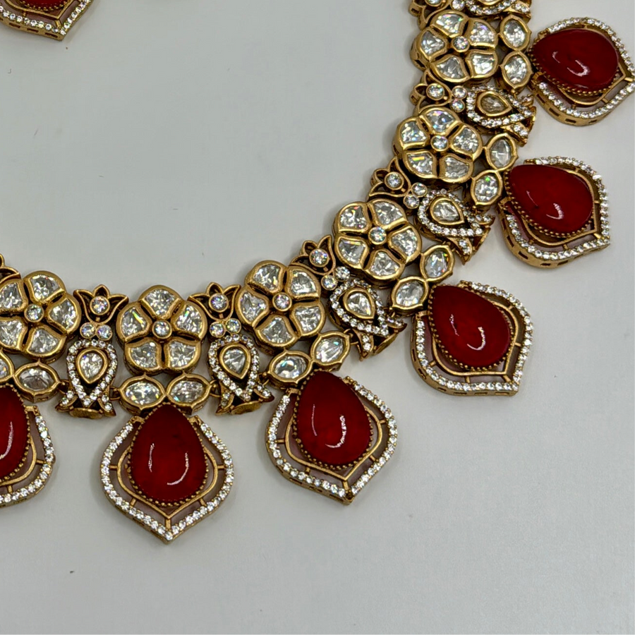 Ruby Red Doublets & Moissanite Statement Necklace Set