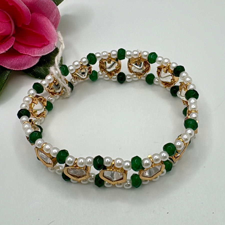 Green Pearls Kundan Stretchable Bracelet