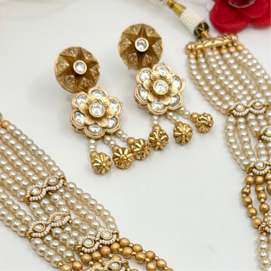 White Antique Gold Pearls & Kundan Long Necklace Set