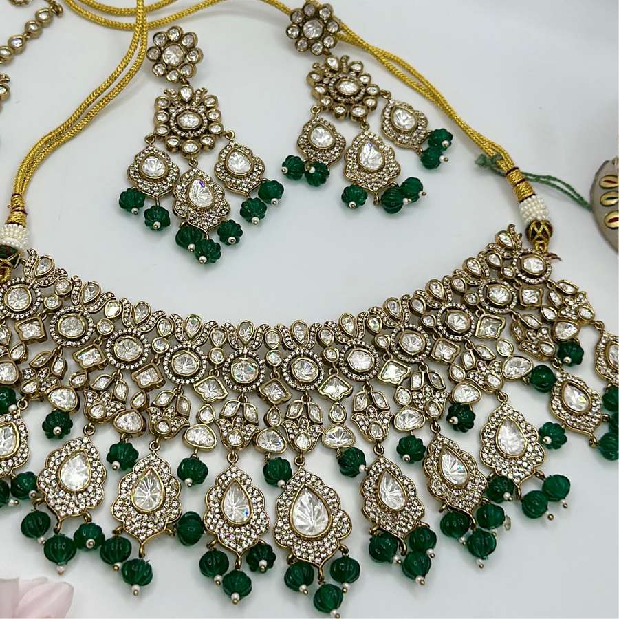 Green Moissanite Kundan Statement Necklace Set With Mang Tika