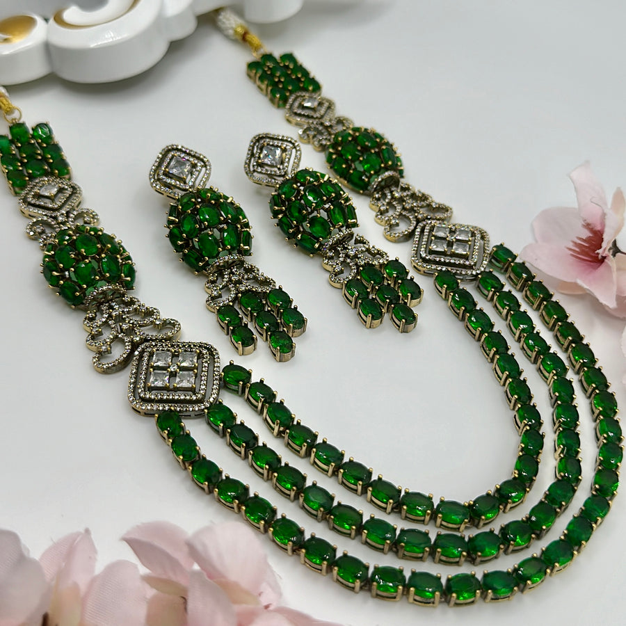 Green American Diamonds Long Necklace Set