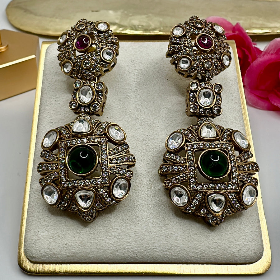 Green and Blue Moissanite Kundan Earrings